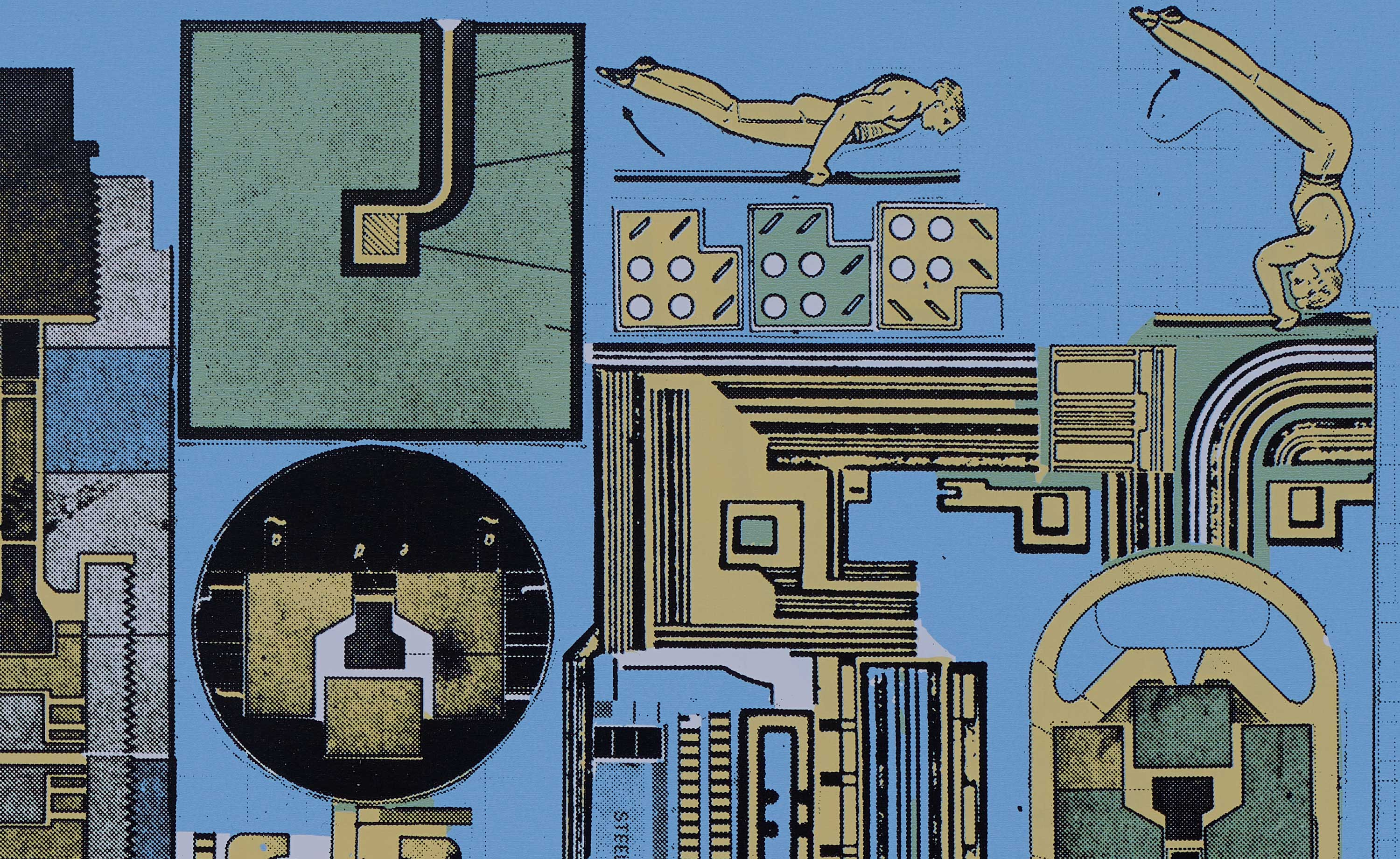 An illustration of a circuit-like pattern with two athletic figures in diving poses bracing against the geometric design of various linear components in blue, green, yellow, and black. 