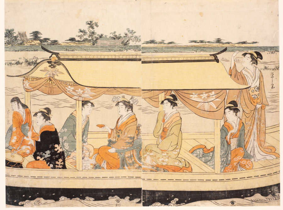 A polychrome woodblock print of seven women merry-making on a canopied boat. Some play music while others drink and enjoy the view. 