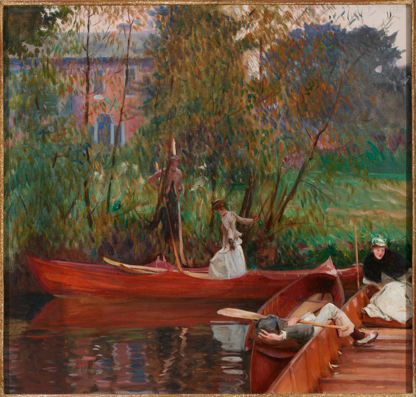 An earthy-toned, riverside scene of a figure in a white dress stepping into a red canoe as others lounge in nearby canoes, with surrounding impressionist-style trees and a distant building.