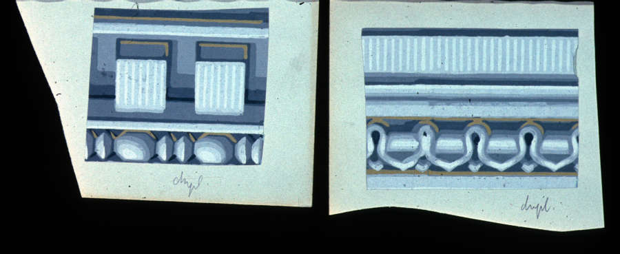 Two decorative motif cutouts on a black backdrop: Two rectangular panels above a chain of shaded ovals and intricately shaded arches below layers stripes and vertical grooves.