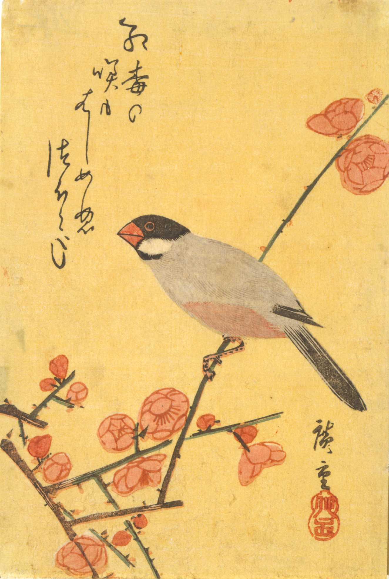 A gray bird with a black head perched on a thin branch with pink blossoms, facing left on a yellow background. Calligraphy floats above, with a red artists stamp below.