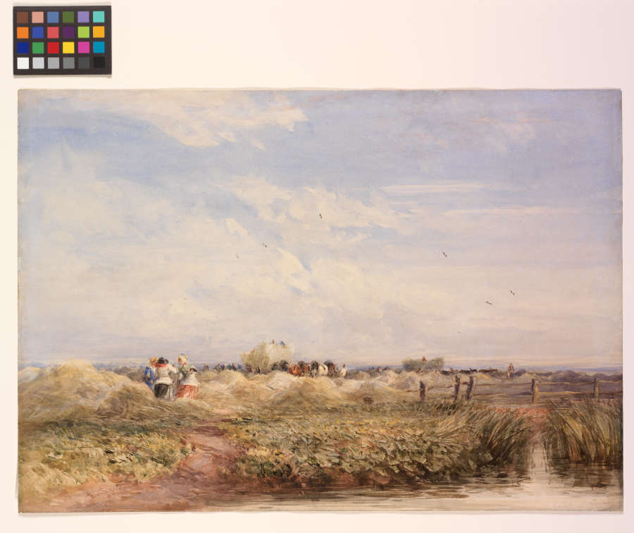 A loosely brushed watercolor landscape painting of a breezy green field of hay and a cloudy but bright blue sky. In the midground, peasants and horses work the hayfields.