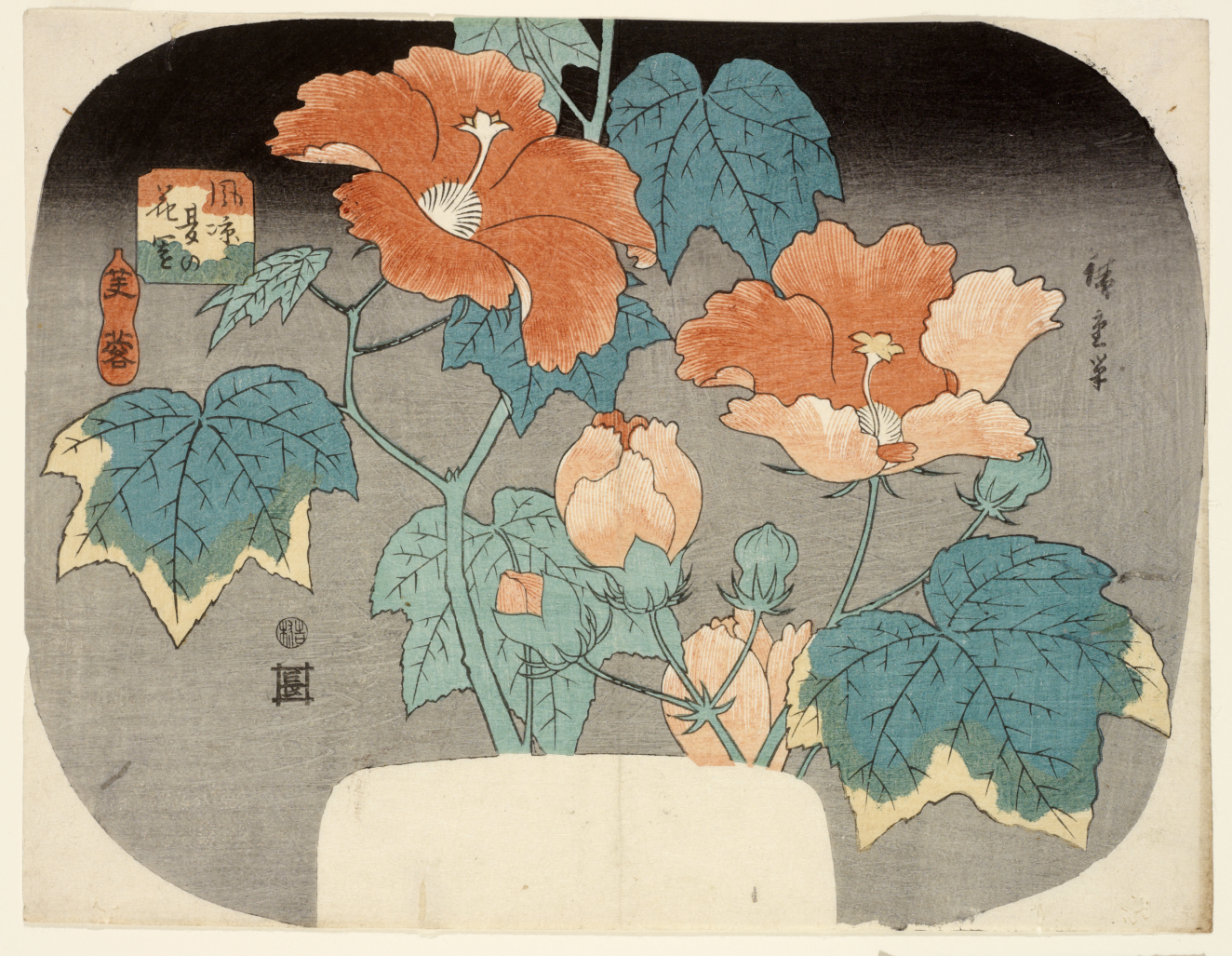 A composition of large blooming flowers in soft gradients of blue, orange, and yellow, set against lush foliage and framed within a rounded shape.