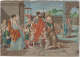 Scene with several central figures engaged in animated dialogue surrounded by a gathering of onlookers in an ancient, classical looking open-air public square.