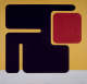 A geometric abstract composition of rounded, bold black forms framing a red square against a yellow background with white stripe at the bottom.