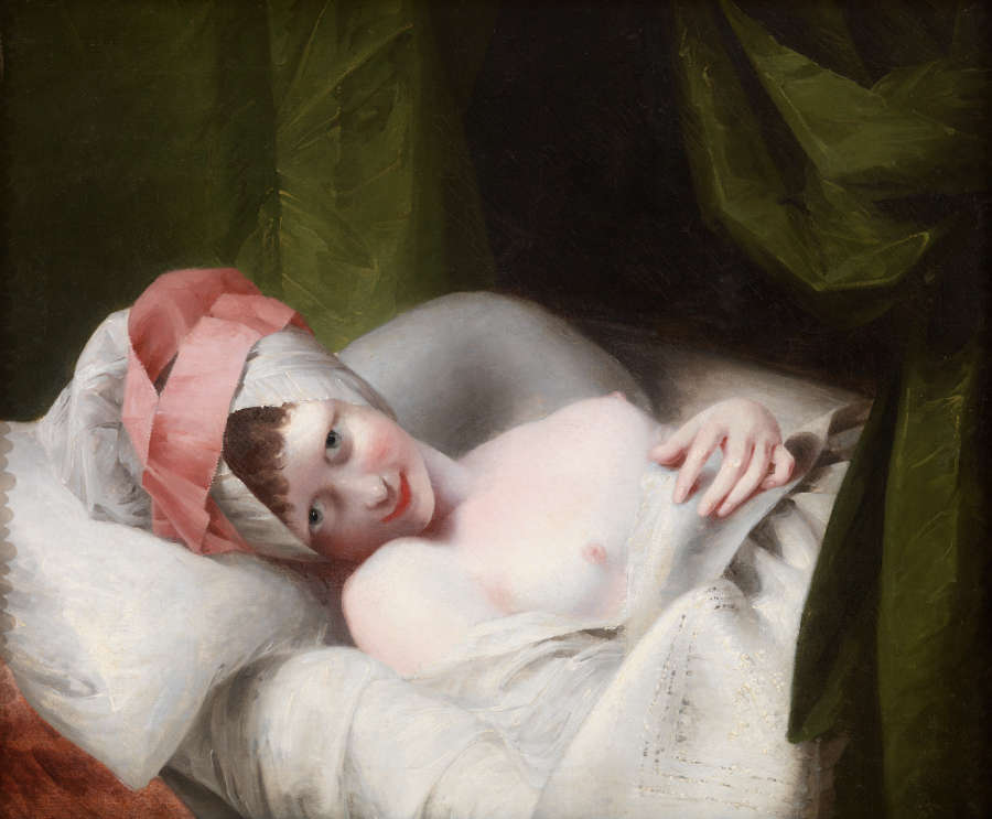  Painting of a very light-skinned young woman, lying in bed, making intense, suggestive eye contact with the viewer. Her breasts are exposed and she wears a pink and white headcovering.