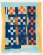 Quilt composed of dark blue, gray, orange, and light gray squares arranged in a checkered pattern. The squares are bordered and framed by uneven yellow, blue, and light gray strips. 