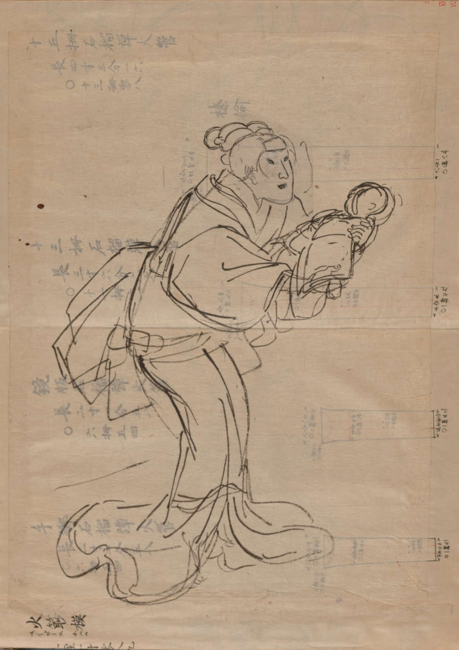 Ink drawing of a standing figure presenting a scroll to a seated figure on a grid-lined paper with calligraphy.