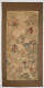 Vertically long rectangular scroll with a thick brown border. It features an illustration of several people engaging with another amongst trees, houses, and in boats on water.