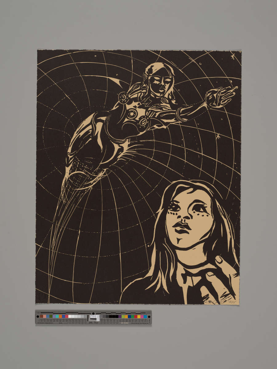 Graphic black on tan illustration showing a woman gazing upwards at a futuristic, android-like figure reaching out from a cosmic webbed backdrop. The android figure blends in with the webs.