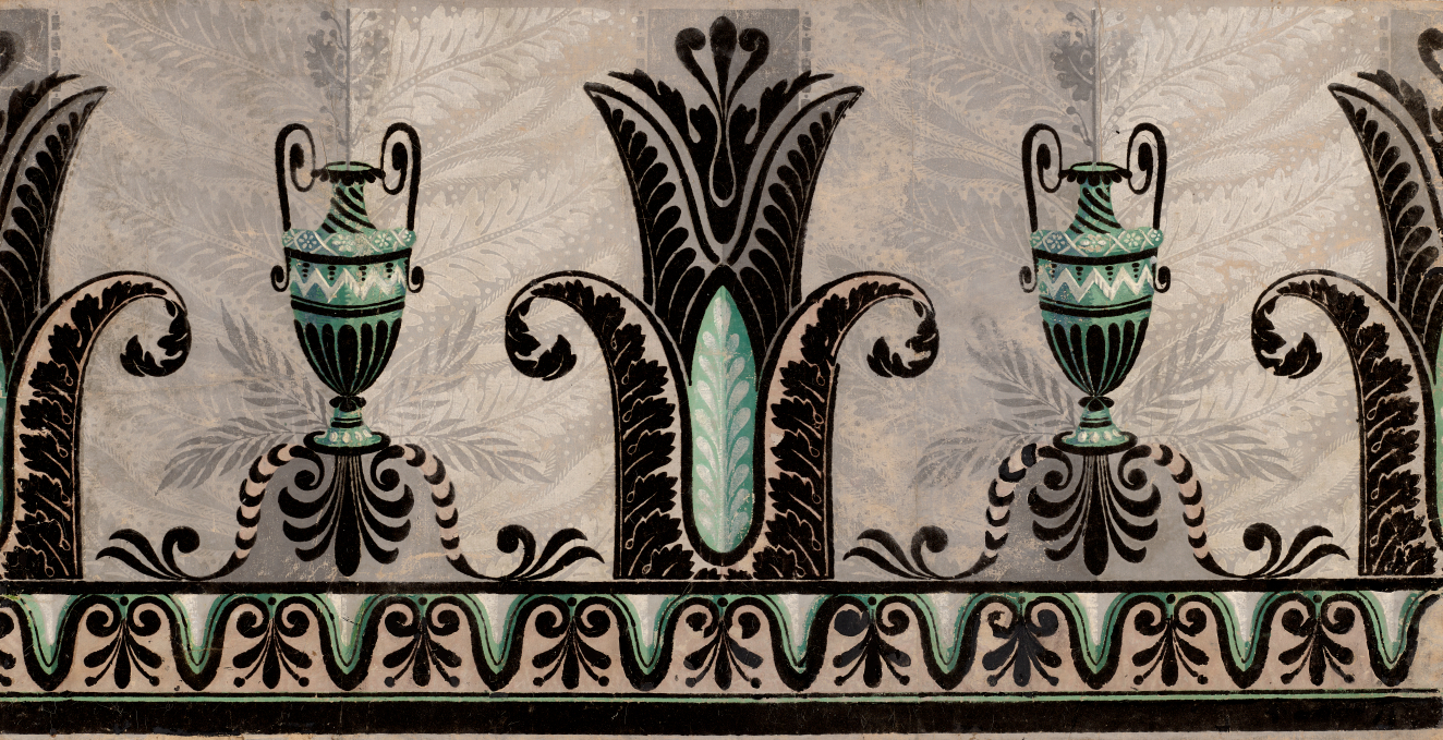 Wallpaper with bold teal and black stylized urns on a textured marble gray background with an ornate black foliage pattern lining the bottom trim.