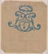 Tan sheet of paper with a large, center blue stamp made out of two mirrored capital R’s, with a leaf headpiece above and text in the center which reads “avec privilege roi”.