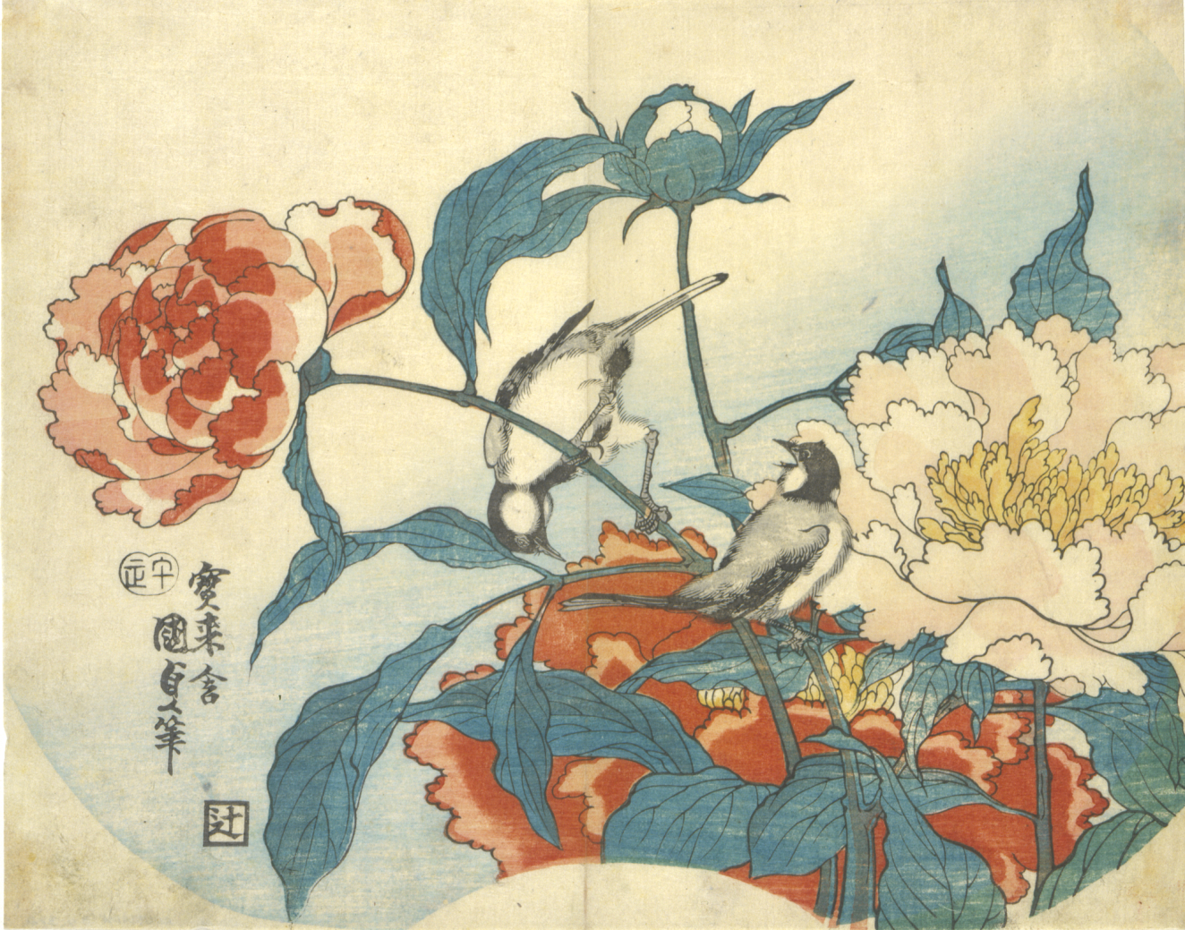 Two small birds perched among large red and white peony blossoms and broad blue-green leaves with a line of vertical calligraphy against a faded blue background.