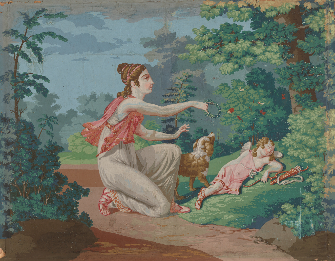 Pastoral, leisurely natural scene of a woman playing with a dog among verdant foliage while a cherubic cupid sleeps on the grass next to his bow and quiver.