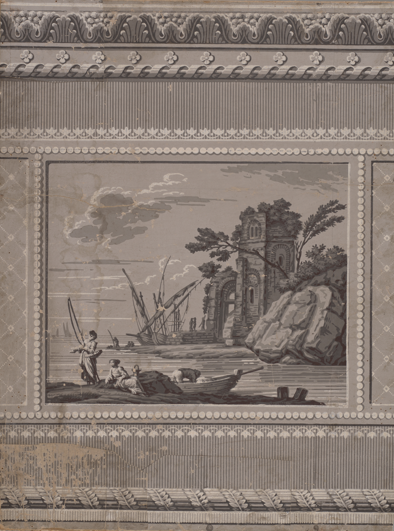 Aged, gray toned print of fishermen at shore with trees and building ruins on a cliffside behind them. A thick intricate border with leaves and dotted embellishments surrounds the landscape.