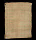 Rectangle of beige hand-woven fabric on a black background which has a grid of small pink stitched crosses across the surface. On the left edge are irregularities in the weave.