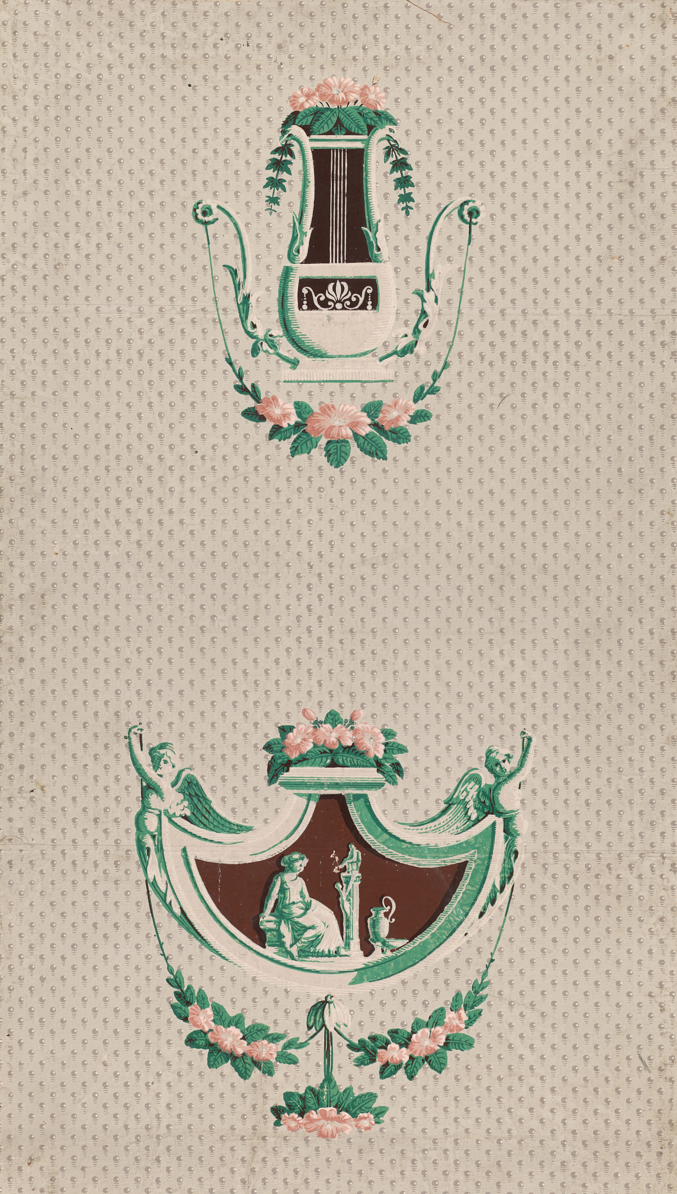 Vertical design featuring a lyre and a vignette of figures surrounded by an ivory frame with pink flowers and green foliage set against a backdrop of delicate speckles.