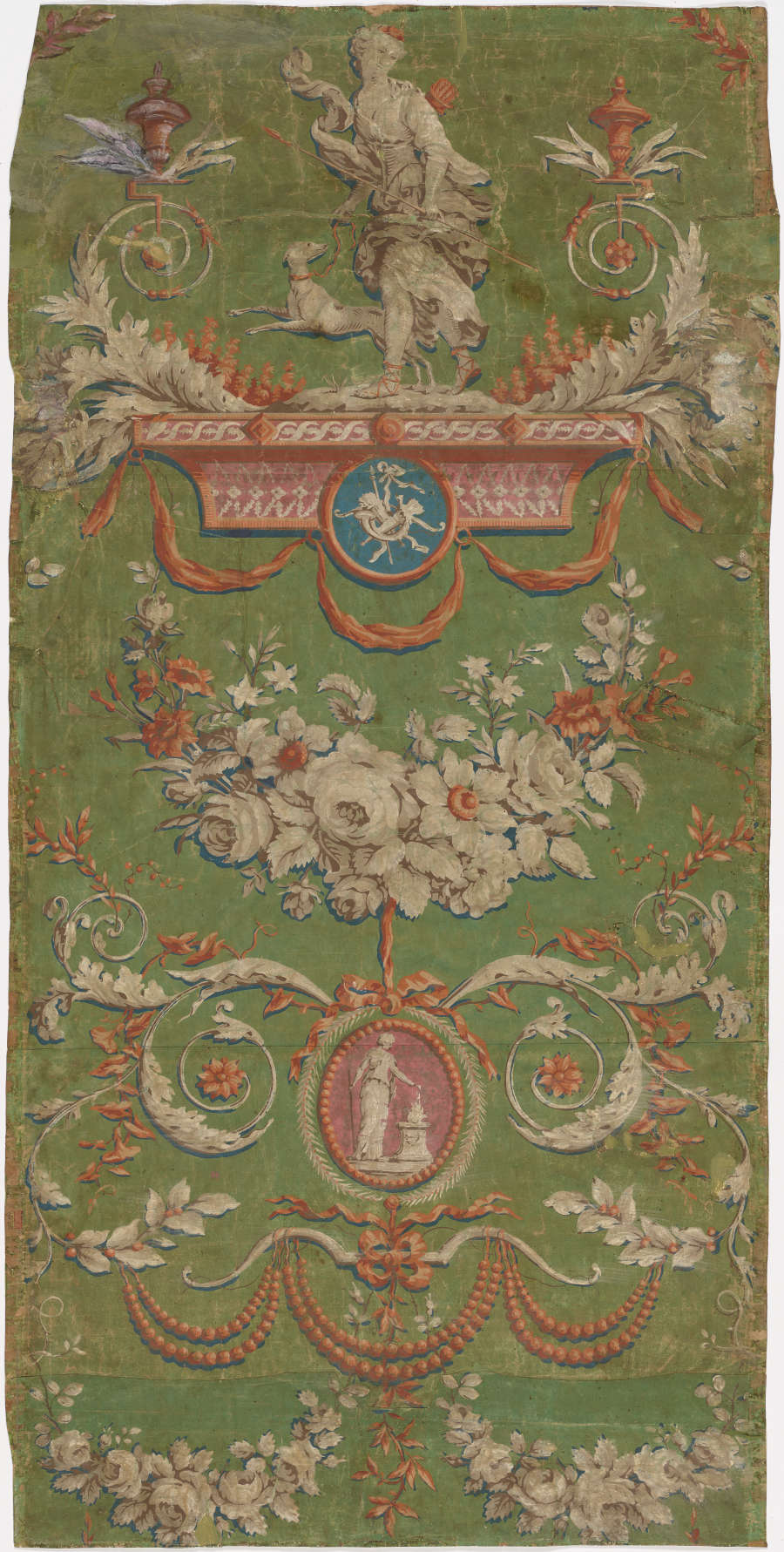 Panel of vintage wallpaper featuring vibrant floral motifs with a central crest accented in red and gold, and a warrior figure atop. The intricate design is against an olive background.
