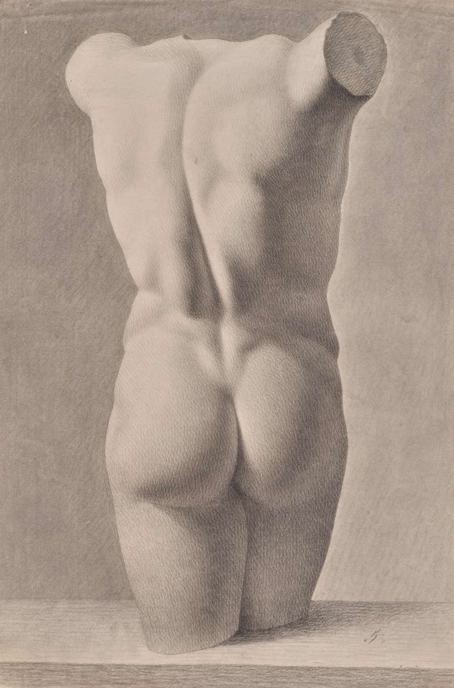 A charcoal drawing of a sculptural, nude male torso seen from behind. The figure is heavily shaded and detailed, and fine lines express detailed contours of the body.