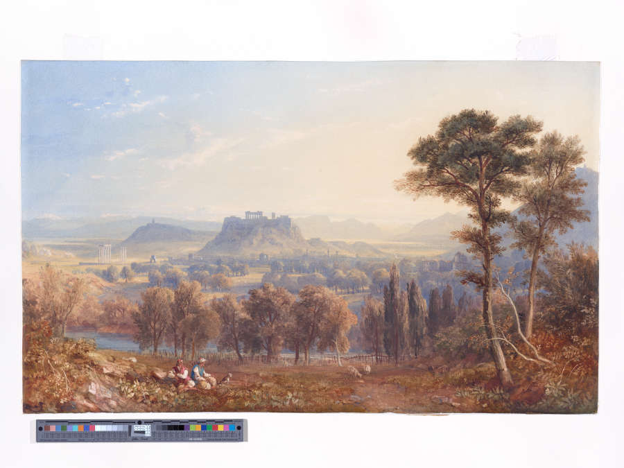 A pastoral watercolor, ink, and graphite landscape drawing with two figures, cows and a dog in the foreground and the architectural ruins of Athens and the acropolis in the background.