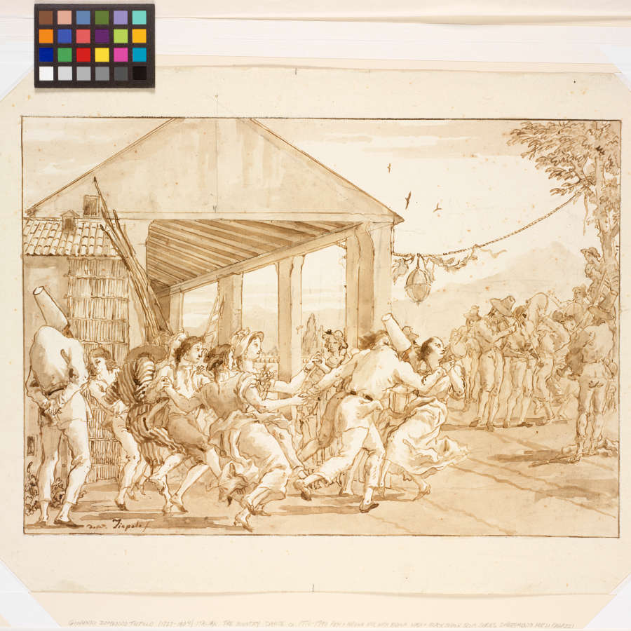 A pen and ink and wash drawing of a lively crowd of people dancing in front of an Italian country pavilion. In the background people are playing violins and drums.