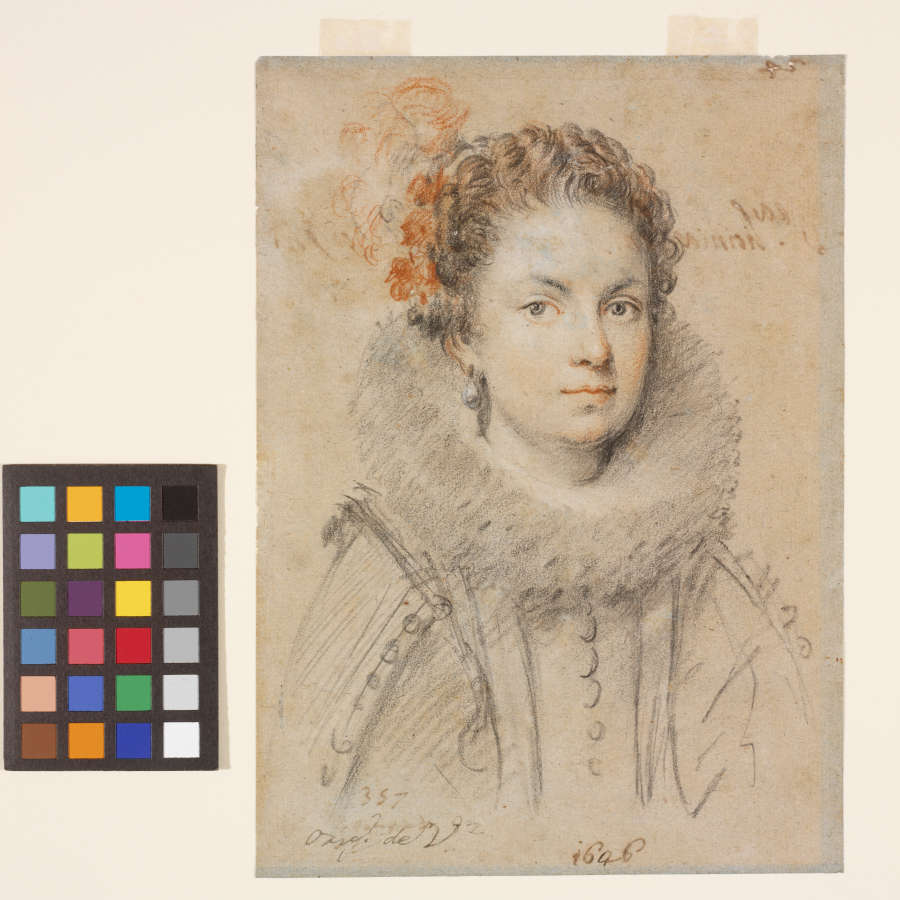 A black, red, and white chalk portrait of an aristocratic white woman gazing at the viewer. She has red flowers in her curly hair, a neck ruff, and pearl earrings.