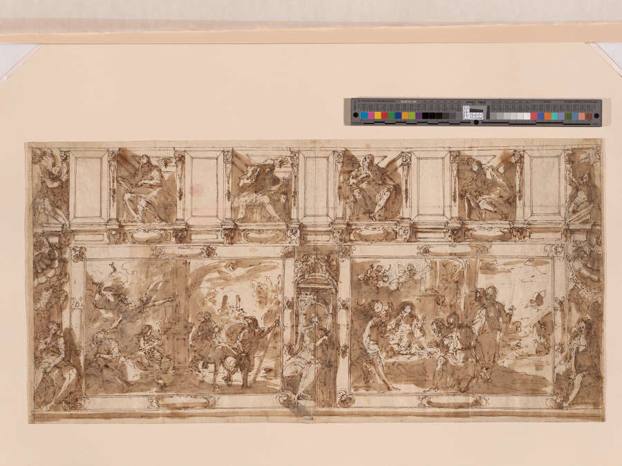 An ink and wash drawing of scenes from Saint Joseph’s life, including Jesus’ birth and childhood. The scenes are presented within an ornate wall with figurative sculptures at the top.
