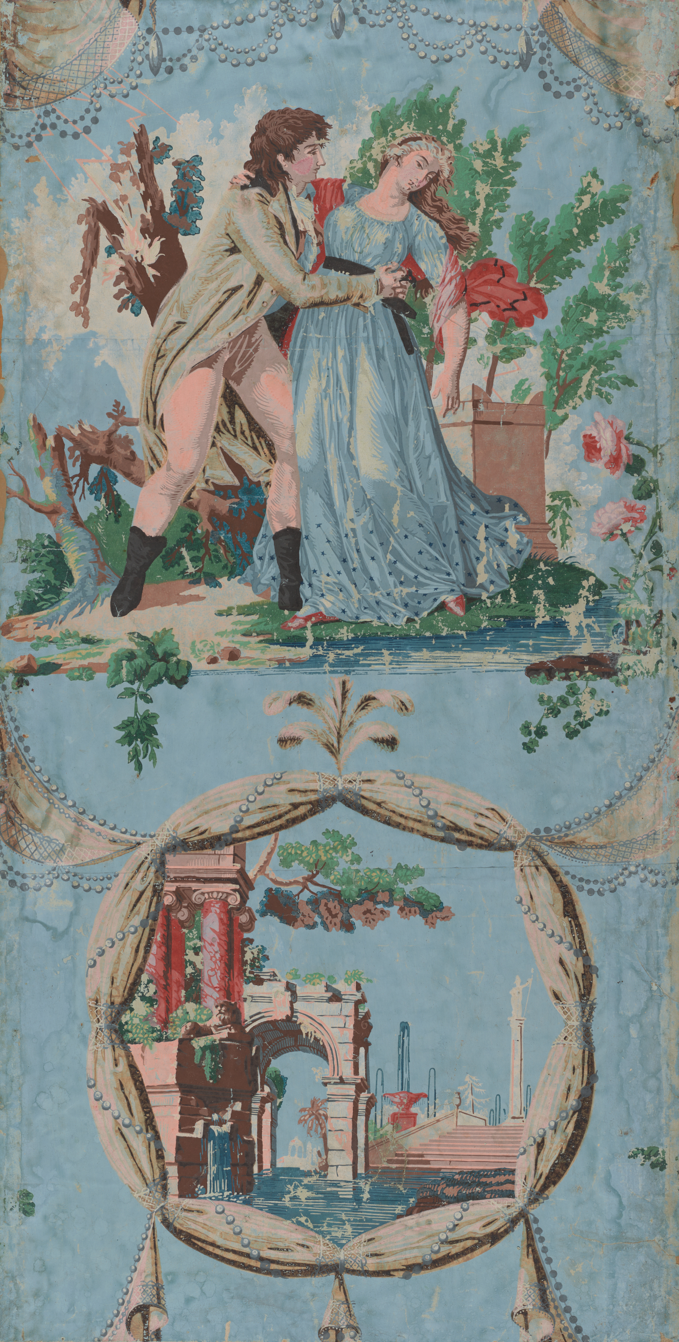 Aged, blue wallpaper of a couple, in elaborate dress, holding each other at their sides. Below, a pillared building surrounded by water is encased in a white, textured circular frame