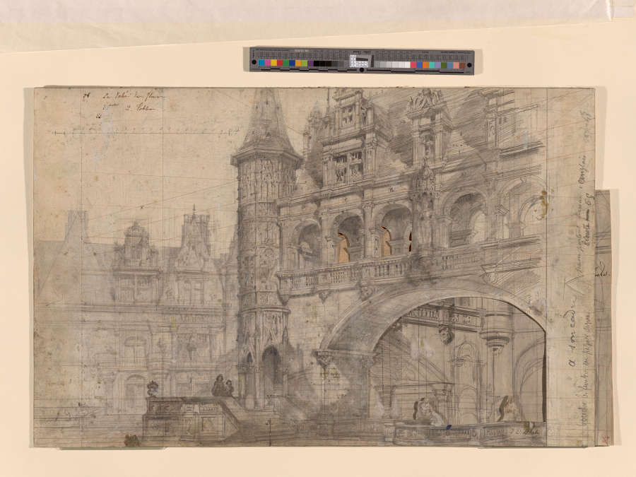 A detailed architectural pencil drawing of a loggia, elaborate staircase, and Renaissance style palace.