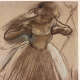 Brown pastel with subtle shading and expressive lines depicting a woman wearing a tutu lit from behind, looking down with her arms raised up to her chest in a pose.