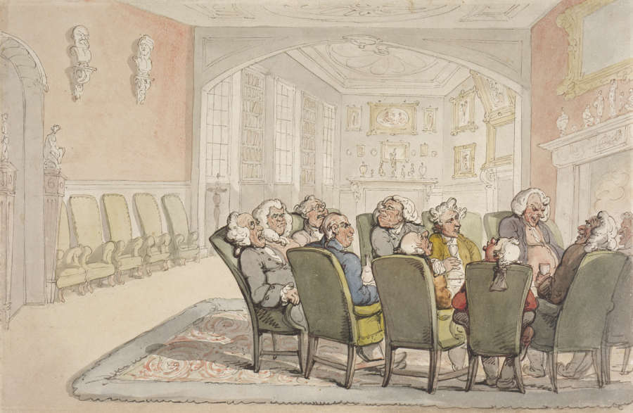 A pen and ink and watercolor drawing of boisterous, aristocratic Englishmen seated in high-backed chairs. The bewigged men talk, sleep, and look around the art and marble-bust filled room.