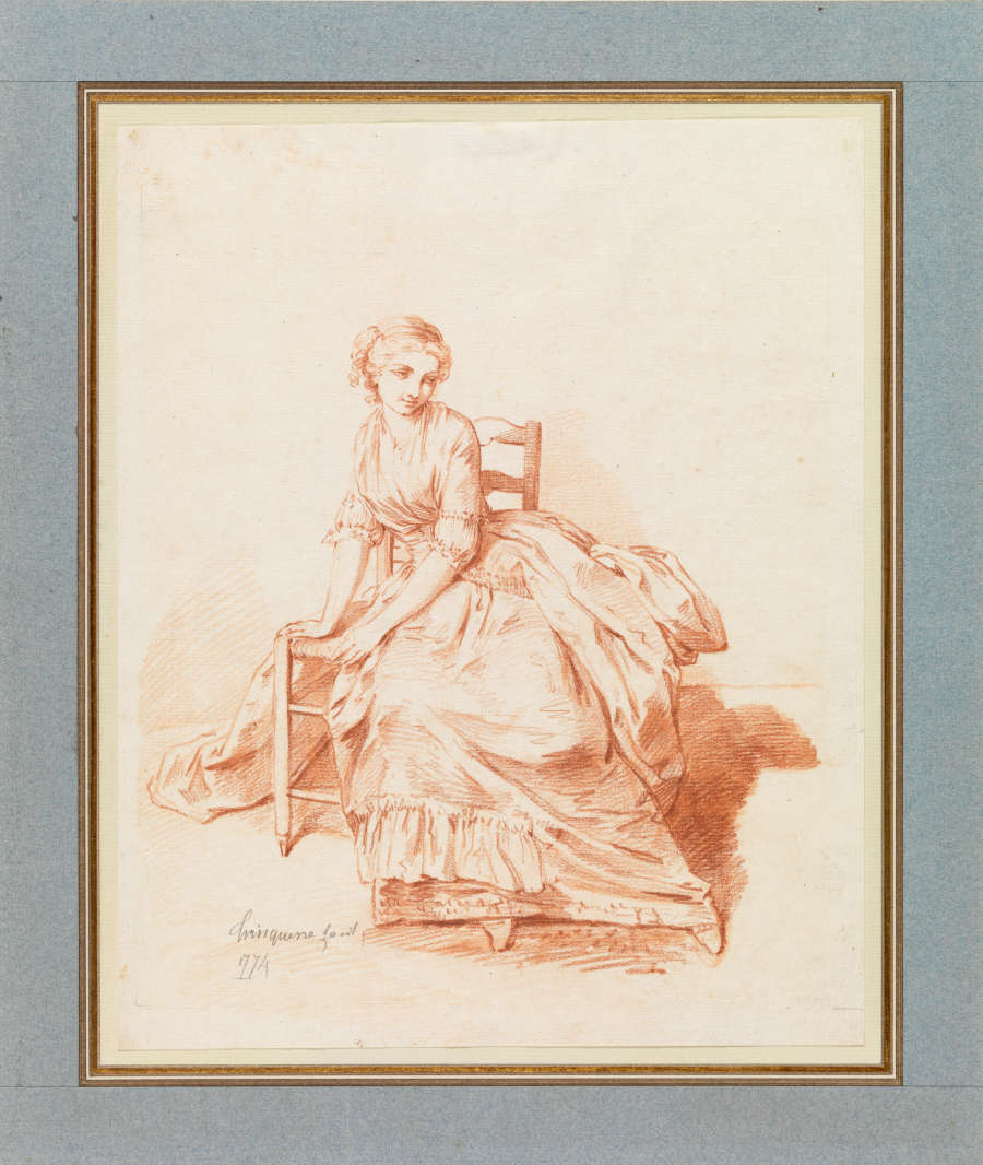 A red chalk drawing of a woman sitting on a cane and wood chair. She wears an 18th century gown and looks to the right side of the drawing, smiling.