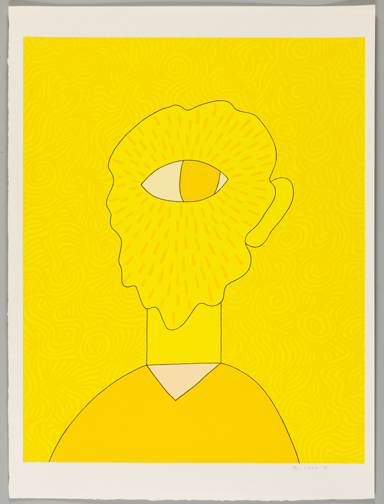 Abstract portrait done in bright yellow hues with only an oversized eye and an ear. The wavy outline and small dashes on the face evoke the image of a beard.