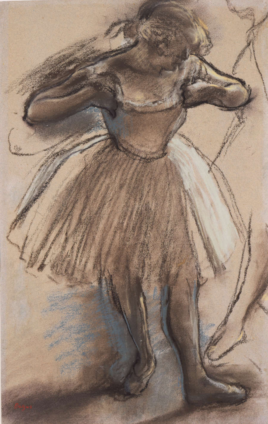 Brown pastel drawn with expressive lines and soft shading depicting a woman wearing a knee length tutu in a dance pose lit from behind, casting a shadow to the left.