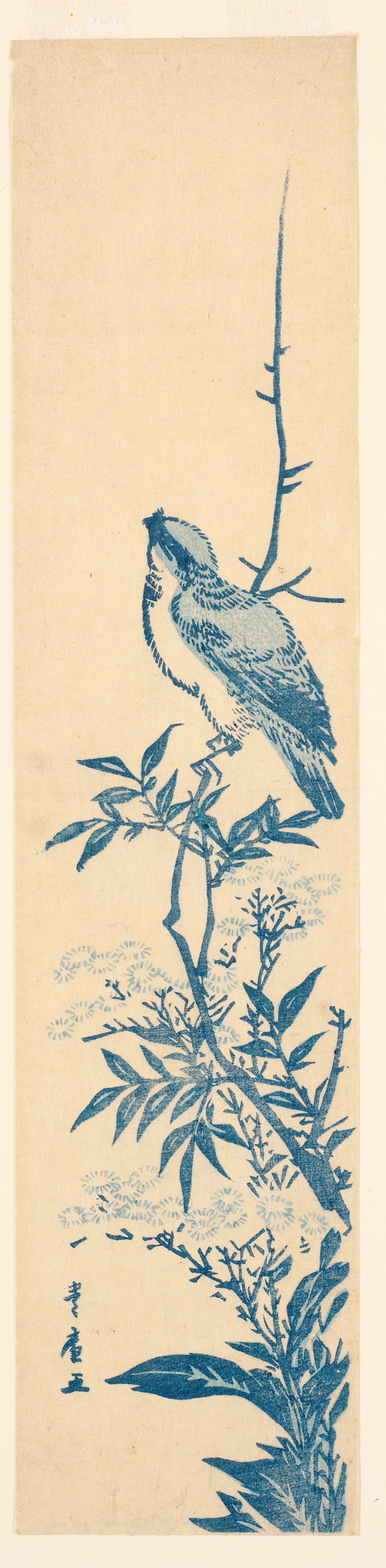 Blue monochromatic illustration in a tall vertical composition depicting a bird perched on a thin, leafy branch above delicate foliage.