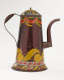 A shiny, brown colored coffee pot with yellow, white, and orange and abstract floral decoration. The spout has a right angle and then a curve.

