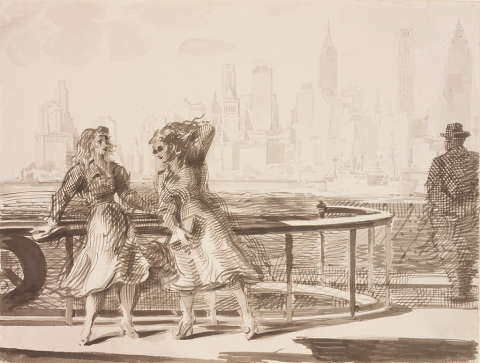 Two young women standing on deck the Staten Island ferry on its approach to Governors Island. A middle-aged gentleman in a fedora looks towards the downtown skyline in a panorama view across southern tip of Manhattan.