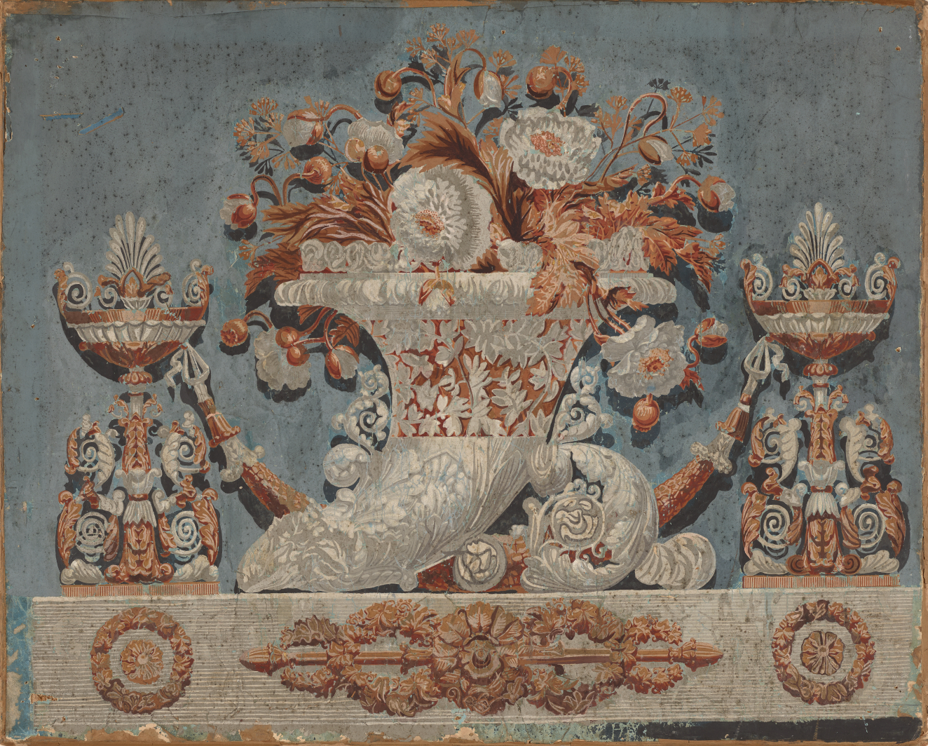 Ornate still life with a cornucopia and goblets overflowing with flowers set atop an intricately carved stone altar. The objects are ivory and rust-hued while the backdrop is blue-gray.