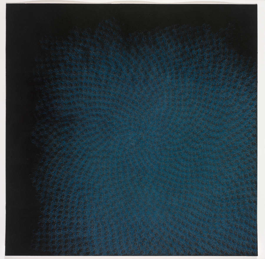 A drawing of blue and graphite concentric circles that spiral outwards from a central point that is slightly off center. It makes the paper look like it’s dissipating.
