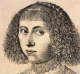 A close-up of an illustration of a youthful face framed by dense curls, wearing a lace collar, and a narrow decorative band woven through the hair.