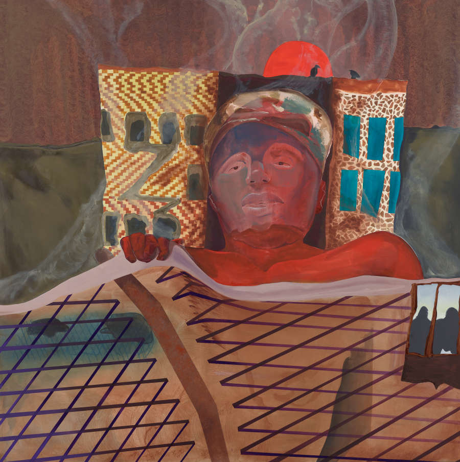 Painting of a blue and orange figure in bed, their torso covered by a brown patterned blanket. The patterned pillow and sheets transform the background into an urban landscape. 