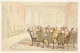 A pen and ink and watercolor drawing of boisterous, aristocratic Englishmen seated in high-backed chairs. The bewigged men talk, sleep, and look around the art and marble-bust filled room.