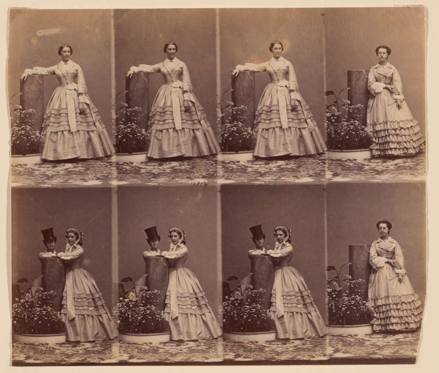 Eight sepia photographs on one sheet. First four show a woman in a dress. Next three show two women dancing (one in top hat). Last photo is a woman alone.