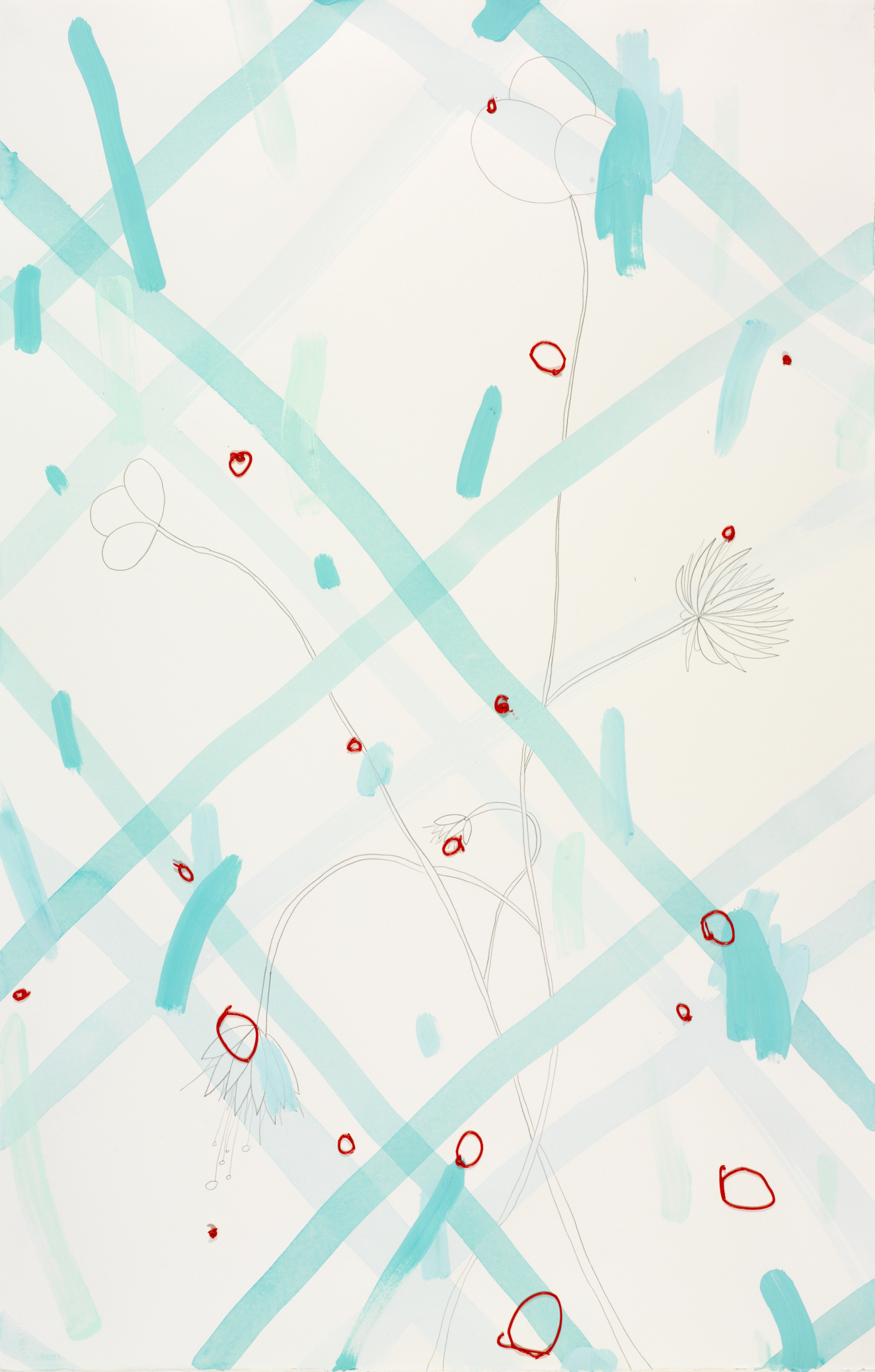 Painted turquoise lines criss-cross a white paper, which features a graphite drawing of stems with flowers. Several red-outlined circles of various sizes are spread across the page.