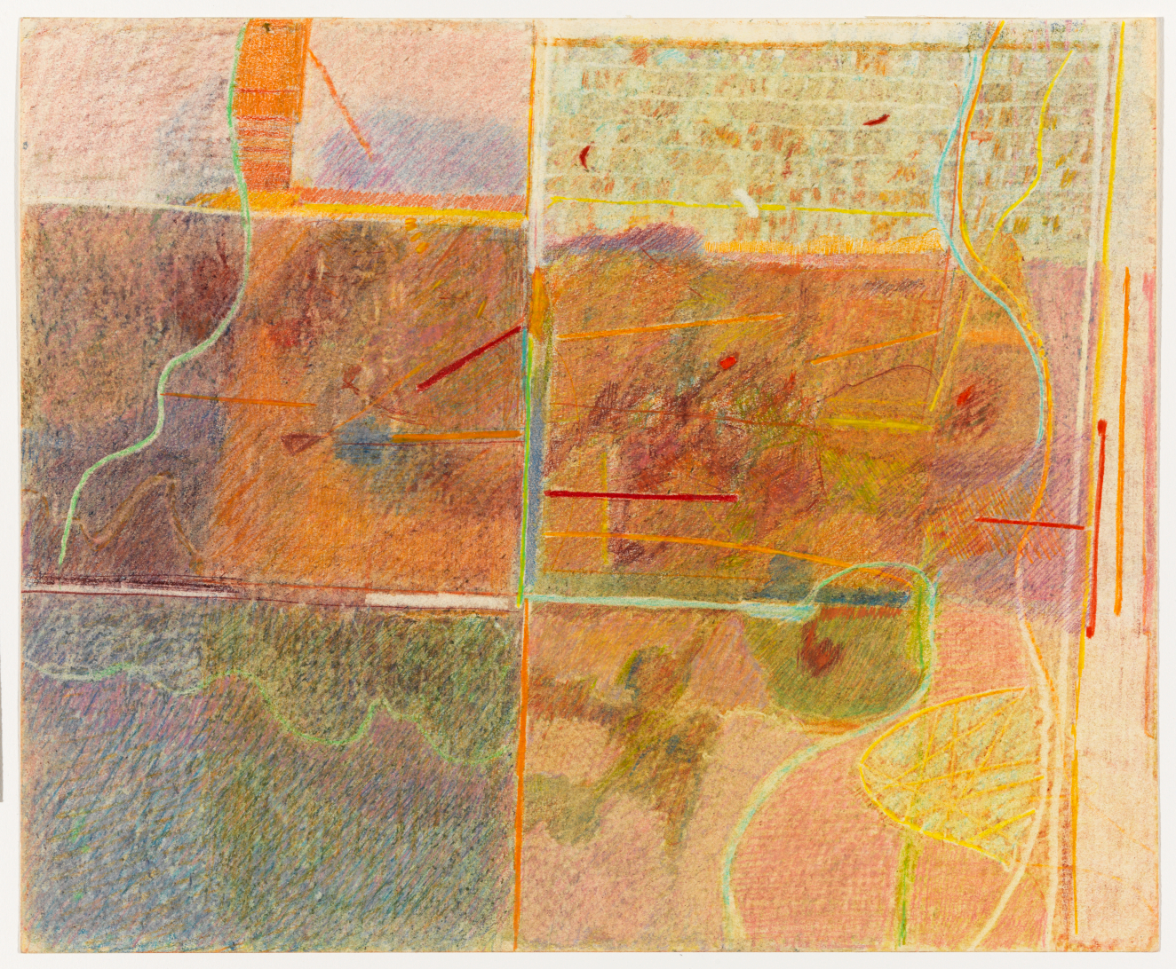 A layered pastel-toned composition featuring subtle grid patterns, delicate light curving lines, and soft gradients of orange, yellow, green, and faint red marks. 