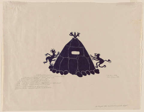 Two demonic figures climbing on a a tent. Shapes shown in black ink on cream paper as silhouettes. In lower left are 10 lines of small handwritten letters in Inuktitut writing. Writing translates to English: The Torngat that come knocking in the night. This story was terrifying when my father and grandmother told it. I mean, it was very scary. Long ago, in a tent, when they still used sealskin tents, as darkness fell, these creatures would scratch at the tent. The people were so scared that they couldn’t speak a word. They must’ve been the devils children, his daughters or his sons. No one dared to leave during this time. They circled the tent all night long, scratching at it. It would eventually stop in the dead of night.