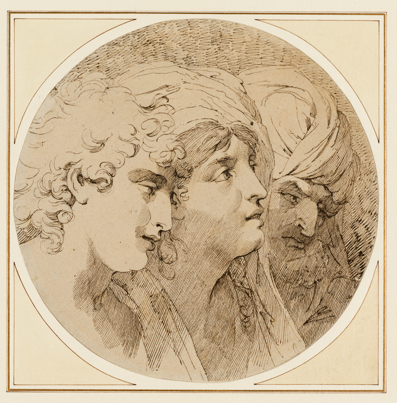 An ink, roundel-shaped drawing of three faces in profile. From left to right: a curly-haired young man, a woman with a veil, and an older, bearded man with a turban.