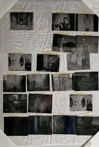 A collage of black-and-white photographs taped on white cloth with handwritten script.