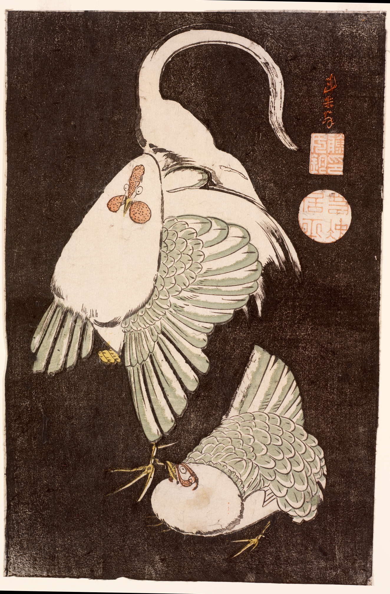 A hen and a rooster with white plumage and red facial markings on a solid, dark-brown background, accented by red calligraphy.