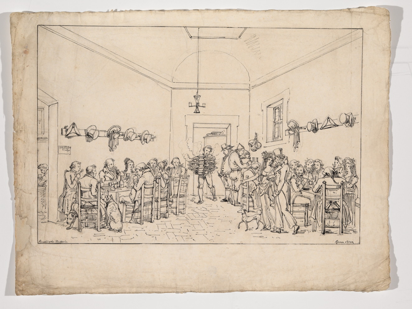 A pen and ink drawing inside an Italian restaurant. Two long tables filled with patrons recede towards the back door through which a waiter arrives with a heavy tray.